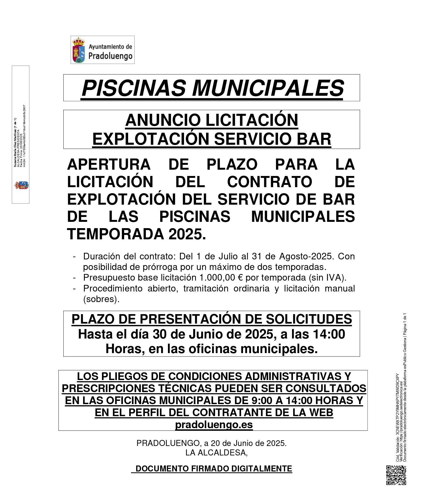 ANUNCIO LICITACIÓN EXPLOTACIÓN SERVICIO DE BAR - PISCINAS MUNICIPALES