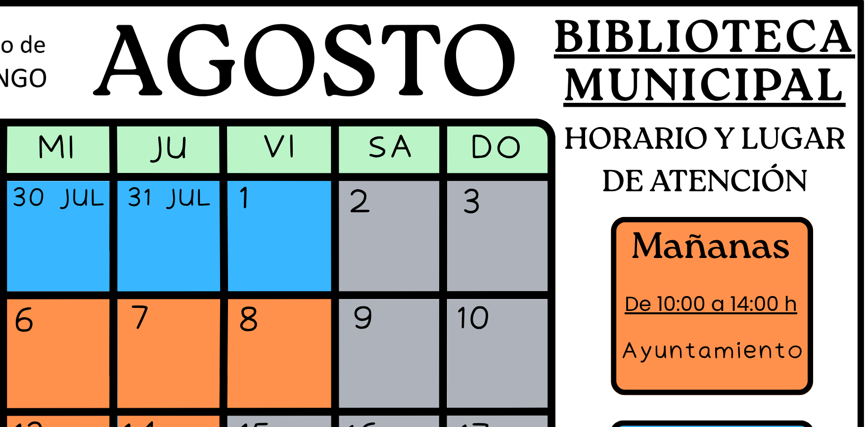 CALENDARIO BIBLIOTECA VERANO - MES DE AGOSTO