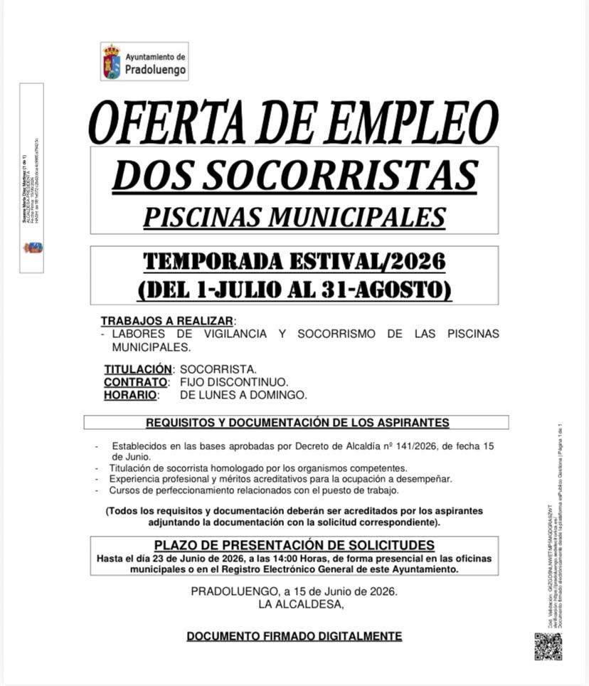 📢 OFERTA DE EMPLEO – SOCORRISTAS PARA LAS PISCINAS MUNICIPALES DE Pradoluengo 🏊‍♂️☀️