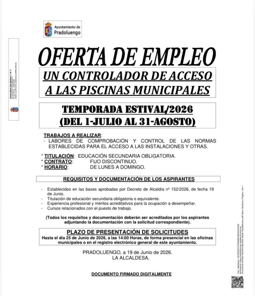 📢 OFERTA DE EMPLEO - CONTROLADOR DE ACCESO A LAS PISCINAS MUNICIPALES 🏊‍♂️☀️